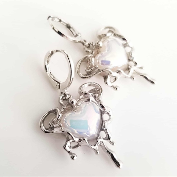 Dolls Kill Jewelry - NEW Dolls Kill Cyberpunk Y2K Style Silver Earrings w/ Iridescent Dripping Hearts